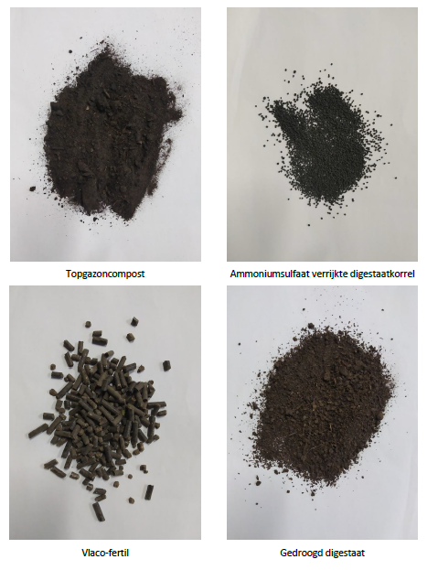 Figuur 1: Foto's van de gebruikte compost- en digestaatproducten